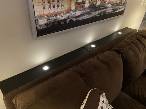 Skinny table with three LED puck lights on a dimmer and an outlet with USB charging. Behind The Couch Lighting, Behind Couch Lighting, Light Behind Couch, Behind Couch Shelf, Couch Lighting, Styling Console Table, Shelf Behind Couch, Couch Shelf, Behind Sofa Table