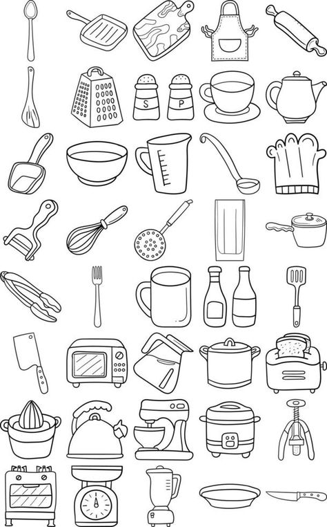 Kitchen Hand Drawn Doodle Line Art Outline Set Line Art, Doodle Illustrations, Art Outline, Kitchen Drawing, Outline Art, Kitchen Set, Kitchen Items, The Kitchen, Vector Art