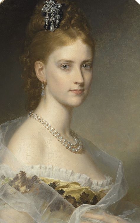 Portrait of the Hon. Edith Jocelyn, Viscountess Sudley, bust length, in a yellow dress and white wrap (1876). Heinrich M. Müller (German, 19th Century). Oil on canvas. Detail. 19th Century Paintings Women, Victorian Oil Painting Portraits, 19th Century Portraits Woman, Classic Portraits Painting, Old Fashioned Portraits, Woman Portrait Painting 18th Century, German Paintings 19th Century, 1890s Portrait Paintings, Midevil Portrait Painting