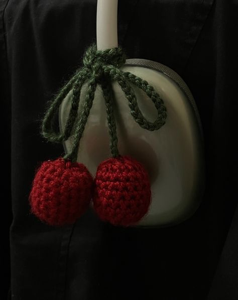 Crochet cherries for headphones or bag Headphone Holder Diy, Headphone Accessories Crochet, Crochet Headphone Charm, Cherries Crochet, Crochet Headphone Accessories, Headphone Charms, Headphone Crochet, Headphones Crochet, Crochet Cherries