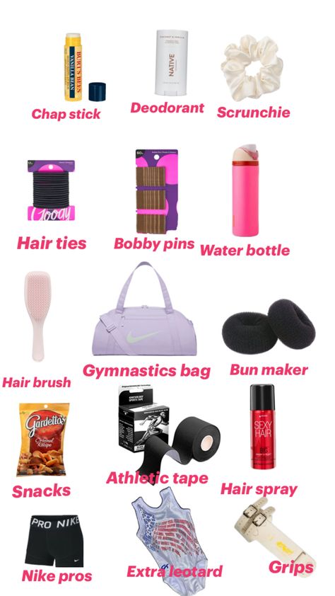 What To Pack In Your Gymnastics Bag, Gymnastics Bag Essentials, Gymnastics Essentials, Cheerleading Essentials, Sports Bag Essentials, Gymnastics Gear, Gymnastics Clothes, Beginner Ballet, Gymnastics Stuff