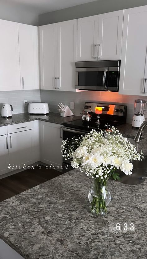 Kitchen inspiration, kitchen decor, baby breath bouquet, kitchen cabinets, white kitchen, apartment kitchen inspiration, apartment inspo, kitchen inspo, first apartment, new apartment inspiration, clean kitchen, white decor, white kitchen inspiration, white home inspo White Apartment Kitchen Ideas, Black Gray And Silver Kitchen, Small Clean Apartment, Apartment Kitchen Simple, Grey And White Apartment Aesthetic, Clean Modern Apartment Aesthetic, Grey Kitchen Apartment, First Apartment Mood Board, Clean Apartment Aesthetic Kitchen