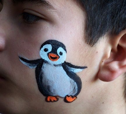 Penguin Face Paint | Found on facepainting4u.biz Penguin Face Paint, Animal Face Paintings, Christmas Face Painting, Cheek Art, Happy Penguin, Face Painting Easy, Kids Face Paint, Face Painting Designs, Kids Makeup