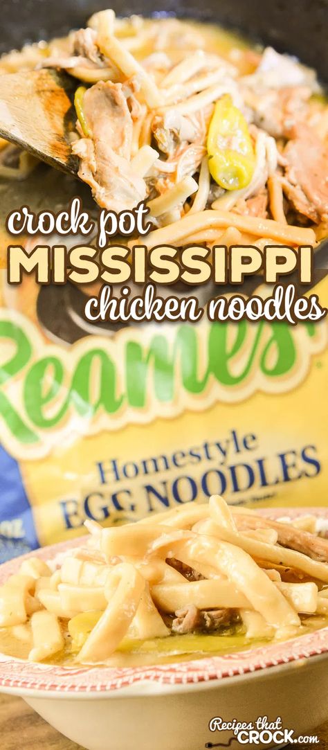 Reames Noodle Recipes, Crock Pot Mississippi Chicken, Dinner Videos, Mississippi Chicken, Crockpot Chicken And Noodles, Egg Noodle Recipes, Chicken Noodles, Chicken Noodle Recipes, Crockpot Dishes