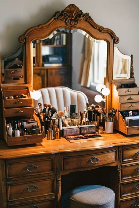 30 DIY Makeup Vanity [For Every Room] Makeup Vanity Bathroom Ideas, Makeup Vanity Antique, Victorian Makeup Vanity, Vintage Vanity Organization, Vintage Makeup Vanity Aesthetic, Vintage Vanity Desk, Vanity Refurbished Diy, Vanity Ideas Bedroom Vintage, Dressing Room Vintage