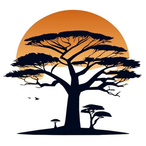 African Sun Tattoo, African Tree Tattoo, Africa Tattoos, African Tree, Sunset Tattoos, Tattoo Outline Drawing, Baobab Tree, Outline Drawing, Sun Tattoo