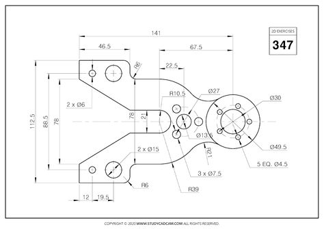 2D CAD EXERCISES 347 - STUDYCADCAM Autocad Exercises, Isometric Drawing Exercises, Mechanical Drawings, 3d Geometry, Chemistry Worksheets, Minecraft Coloring Pages, Mechanical Engineering Design, Isometric Drawing, Drawing Exercises