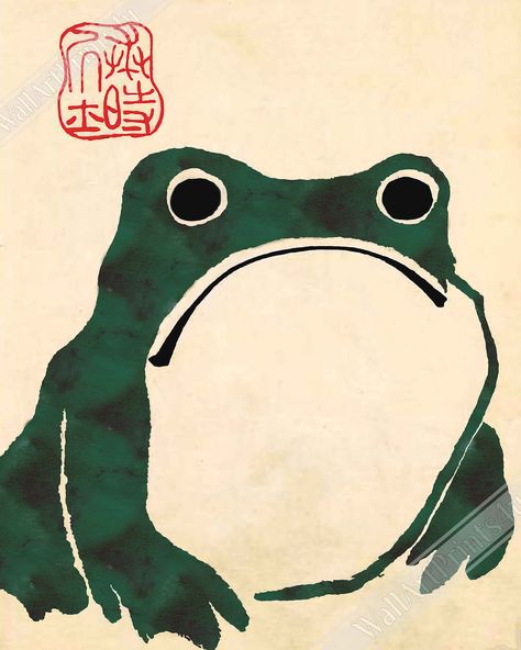 "Vintage Japanese Art Print Matsumoto Hoji Sad Green Frog Circa 1814 This sad frog / toad belongs to a category of Japanese painting known as Zenga, or \"Zen picture.\" For Zen monks, painting provided a medium to express their own Zen experience and pleasure.  Not much is known about Matsumoto Hoji, the artist who most believe painted the frog. Others believe the frog to have been created by Kawanbe Kyosai, another Zen monk who died in 1889. POSTER & SHIPPING INFORMATION: This listing is for posters of various sizes, small 6 x 8, 8 x 10, 12 x 16, 16 x 20, 18 x 24, 24 x 32 or giant 30 x 40 inches. Choose your size :-). They are perfect for framing and are print quality. We also do many other posters, prints and wall art. Check out the listings in our shop. If what you want isn't there let Japanese Art Poster, Image Zen, Matsumoto Hoji, Zen Pictures, Vintage Japanese Art, Japanese Art Print, Wood Hanger, Bleach Art, Frog Art