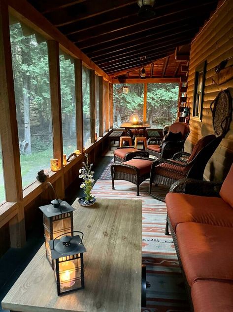 Adirondack Log Cabin Log Cabin Porch Ideas, Cabin Porch Ideas, Rustic Cabin Interior, Cabin Porches, Tiny Farmhouse, Cabin Porch, Cabin Interior Design, Log Cabin Interior, Small Log Cabin