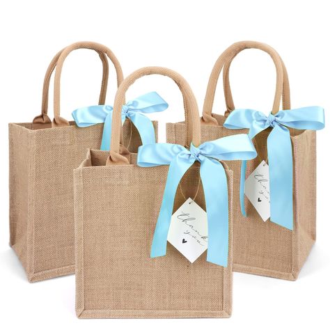 PRICES MAY VARY. ✔ PACKAGE INCLUDES - 6 burlap tote bags, 6 blue silk ribbons and 6 thank you cards. You can use these silk ribbons and thank you cards to decorate them as burlap gift bags for your parties! ✔LONG LASTING AND REUSABLE - These burlap bags are made of 100% natural jute, so they are great for the environment. Thickened jute(450gsm thickness) makes them stronger，long lasting and reusable. ✔ MEDIUM SIZE BUT LARGE CAPACITY - Approximately 9.8 x 9.8 x 7in. Perfect size to hold various i Couples Trip Gift Bag Ideas, Bridal Shower Gift Bags For Guests, Bachelorette Basket Ideas, Destination Wedding Gift Bags, Bachelorette Beach Party, Bachelorette Goodie Bags, Wedding Guest Gift Bag, Bridal Shower Gift Bags, Bachelorette Party Gift Bag