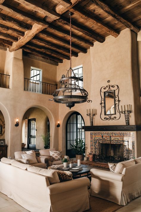 Rustic living room with high ceilings, wooden beams, a chandelier, beige sofas, and an ornate fireplace. Spanish Art Deco Interior, Modern Heritage Home, Spanish Style Hacienda Home, Lime Paint Interior, Modern Spanish Style Homes Living Room, Traditional Colonial House Interior, Modern Spanish House Interior Design, Spanish Farmhouse Interior, Old Spanish House Interior