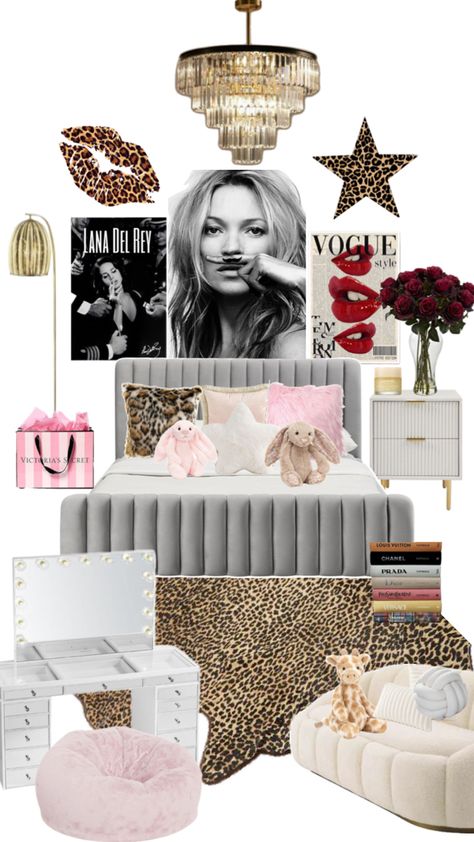 Trendy Bedrooms Pink Cheetah Bedroom Ideas, Cheetah Girl Room Aesthetic, Bedroom Inspirations Baddie, Boho Theme Bedroom Ideas, New York Aesthetic Room Decor, Leopard Theme Bedroom, Black White Pink And Gold Bedroom, Vouge Room Aesthetic, Pink Cheetah Room Ideas