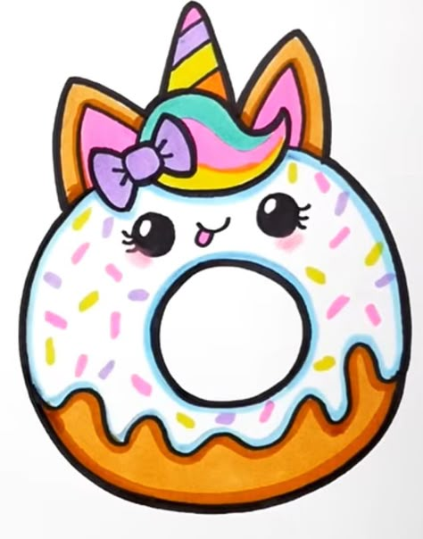 Unicorn Doughnut, Cute Doughnut, Donut Drawing, Donut Cartoon, Unicorn Donut, Unicorn Drawing, Sun And Moon Drawings, Easy Love Drawings