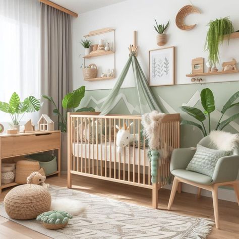 Earth Tone Nursery Gender Neutral, Colourful Baby Room, Neutral Baby Room Ideas, Green Nursery Neutral, Newborn Room Ideas, Earth Tone Nursery, Baby Animal Nursery Theme, Boho Neutral Nursery, Green Kids Room