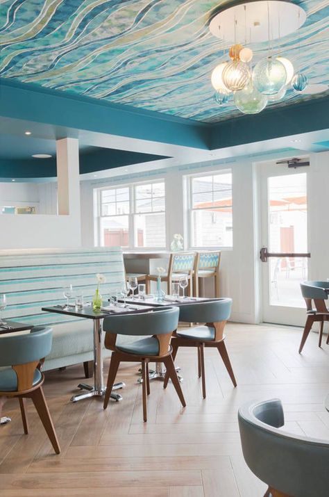 House of Turquoise: Chair 5 Beach Bistro and Bar | Digs Design Company Turquoise Chair, Beach Kitchen Decor, Beach Kitchens, House Of Turquoise, Restaurant Chairs, Restaurant Interior Design, Living Room Flooring, Hotel Design, Living Room Grey