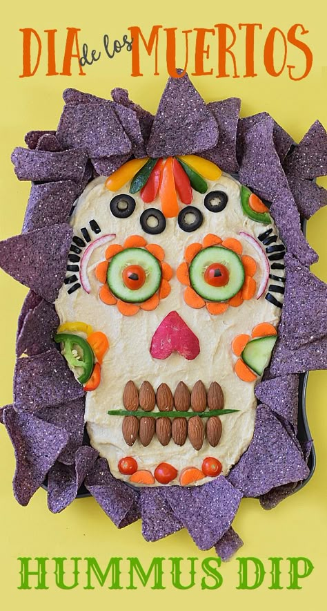 This healthy appetizer idea of Dia de los Muertos Hummus Dip is dressed to impress your guests for your next Halloween party! Fun Halloween Appetizers, Vegan Halloween Food, Halloween Potluck, Creepy Halloween Food, Halloween Camping, Halloween Food Appetizers, Day Of The Dead Party, Vegan Halloween, Hummus Dip