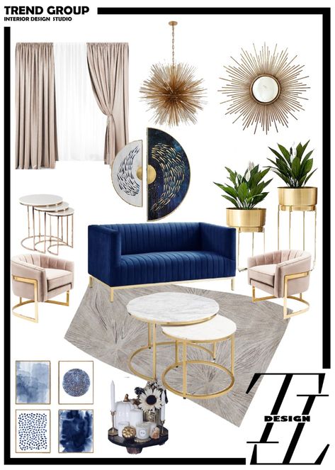 Glam Mood Board Interior Design, Office Decor Blue And Gold, Blue Couch Office Ideas, Blue Sofa Luxury Living Room, Blue Living Room Gold Accents, Blue And Gold Modern Living Room, Gray Navy Gold Living Room, Blue And Gold Lounge Ideas, Gold And Marble Living Room