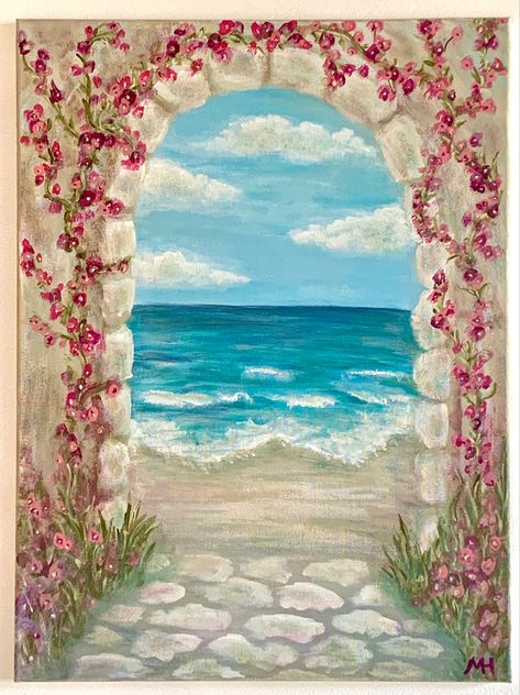 Things To Paint Landscapes, Summer Time Paintings, Summer Theme Painting, Aesthetic Summer Painting Ideas, Acrylic Paint Scenery, Painting Ideas On Canvas Detailed, Aesthetic Summer Paintings, Acrylic Painting Cards, Painting Ideas Asthetics