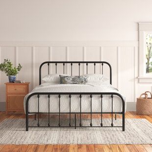 Andover Mills™ Alberton Low Profile Platform Bed | Wayfair Black Iron Beds, Black Metal Bed Frame, Black Metal Bed, Artist Bedroom, Spindle Bed, Iron Bed Frame, Bed Platform, Slatted Headboard, Iron Bed