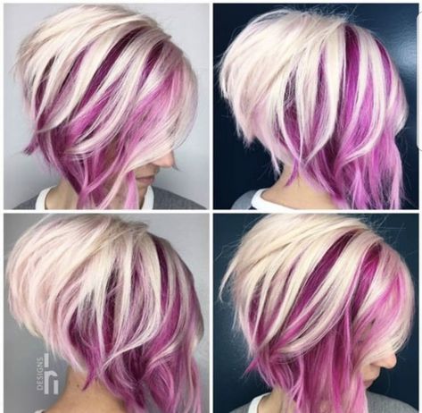 CUT! Rainbow Hair, Blonde Bob With Dark Underneath, Line Bob Haircut, Peekaboo Hair, Purple Highlights, Short Hair Color, Haircut And Color, Bob Haircut, Short Hair Styles Pixie