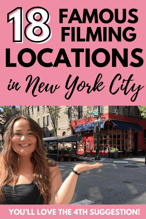 A brunette woman stands in front of the apartment building in NYC where the TV show Friends was filmed. She is smiling and looks happy to be in NYC. The image invites you to click on the post and discover more filming locations in NYC. New York Tv Locations, New York Trip Planning, Movie Place, Greenwich Village Nyc, New York Movie, Nyc Vacation, Tv Scenes, Nyc Travel Guide, Iconic New York