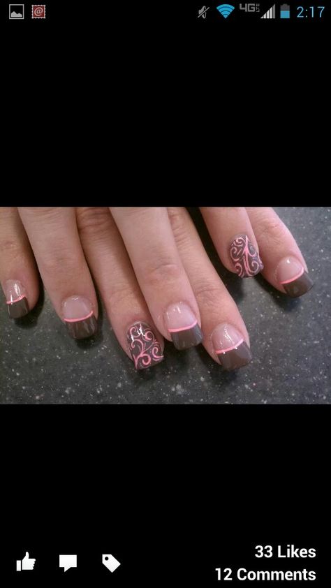 Brown w / Pink Swirls Nails Pink And Brown French Tip Nails, Pink And Brown Nails Short, Pink Swirls Nails, Brown And Pink Nails, Pink And Brown Nails, Swirls Nails, Idea For Nails, Best Friend Board, Year Mood Board