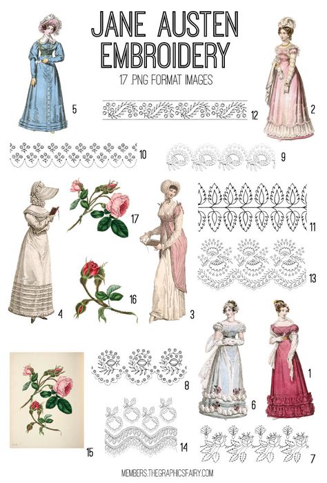 Jane Austen Knitting Patterns, Embroidery Patterns Free Flower, Historical Embroidery Designs, Victorian Embroidery Designs, Historical Embroidery Patterns, Jane Austen Embroidery Pattern, Jane Austin Fashion, Regency Aesthetic Jane Austen, Embroidery Vintage Patterns