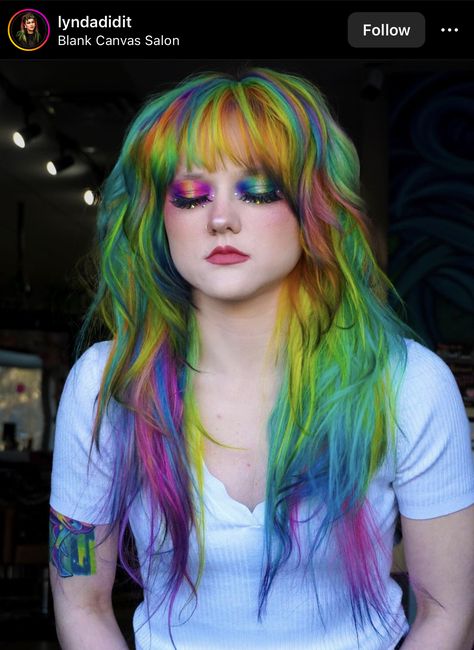 Glitch Hair Color, Vivid Hair Color Shag, Black And Rainbow Hair, Style My Hair, Vivid Hair, New Year Hairstyle, Haircut Inspo, Vivid Hair Color, Editorial Hair