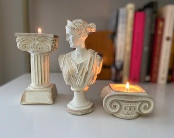 Greek Ionic Column, Greek Bedroom, Diana Goddess, Greek Bust, Column Candle, Goddess Artemis, Greek Decor, Greek Columns, Art Statue