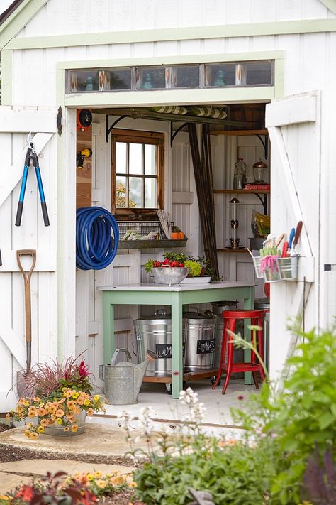 Potting Station Ideas, Potting Station, Metal Bins, White Exterior Paint, Inside Doors, Potting Bench, Beautiful Outdoor Spaces, Outdoor Paint, Keeping It Simple