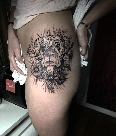 Boxer Ears Tattoo, Boxer Tattoo Dog, Boxer Dog Tattoo Ideas, Flowers Thigh Tattoo, Papa Bear Tattoo, Bishop Tattoo, Boxer Dog Tattoo, Celestial Tattoos, Boxer Tattoo