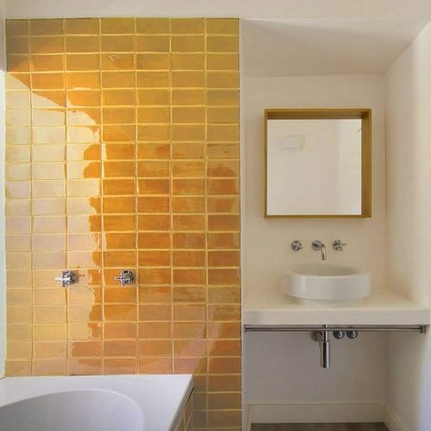 Orange Tile Bathroom, Yellow Tile Bathroom Ideas, Yellow Tile Bathroom, Yellow Bathroom Tiles, Master Shower Tile, Bert And May, Yellow Tiles, Orange Tiles, Rectangle Tiles