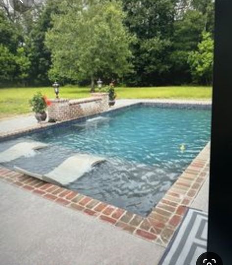 Inground Pool Farmhouse, Pools With Sundeck, Pool In Wooded Yard, Pools With Shallow Area, Smaller Backyard Pools, Smaller Pool Ideas, 12x24 Pool Inground Ideas, Rectangular Pool With Hot Tub, Plunge Pool With Waterfall