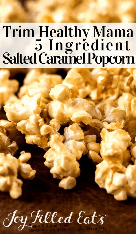 Salted Caramel Popcorn - THM E, Sugar Free, Low Fat, Gluten Free, 5 ingredients, fast and easy! My Salted Caramel Popcorn is a delight. It only takes 5 ingredients and 15 minutes to whip up a batch of this sugar-free Trim healthy mama friendly treat. #thm #trimhealthymama #glutenfree #grainfree #glutenfreerecipes #recipes #desserts #dessertrecipes #sugarfree #snacks #popcorn #kidfriendly Healthy Caramel Popcorn Recipe, Thm Fall Recipes, Sugar Free Caramel Popcorn, Healthy Caramel Popcorn, Trim Healthy Mama Snacks, Low Carb Popcorn, Whole30 Desserts, Trim Healthy Mama Diet, Thm Snacks