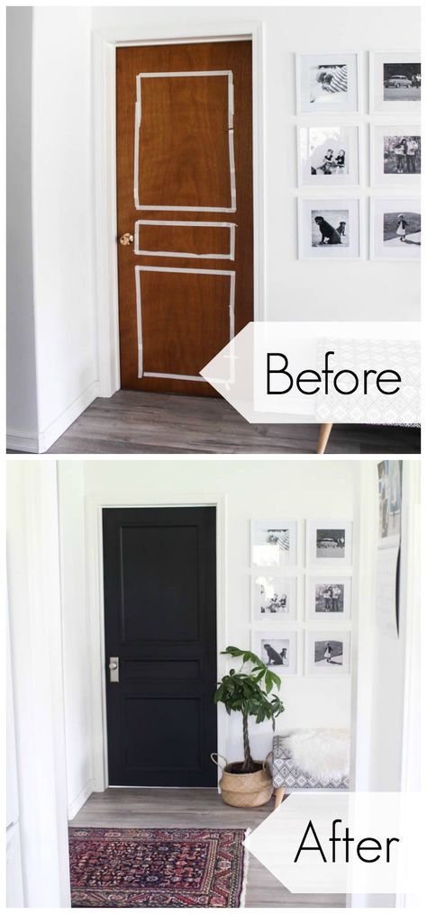 Stunning transformation! Transform outdated doors on a budget! Some trim, paint, and new hardware is all it takes to create a new modern interior door design! Love the navy blue colour on these hallway doors. Update Interior Doors, Hollow Core Door Makeover, Hallway Doors, Interior Door Design, Diy Interior Doors, Modern Interior Door, Door Makeover Diy, Trim Paint, House Flipping