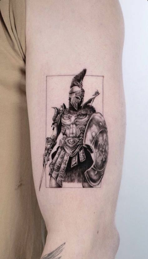 Tattoo Ideas Spartan, Microrealism Tattoo Men Arm, Micro Realism Sleeve Tattoo, Tattoo Fine Line Sleeve, Rear Shoulder Tattoo, Fine Line Warrior Tattoo, Realism Tattoos Men, Roman Tattoo Ideas For Men, Fineline Realism Tattoo