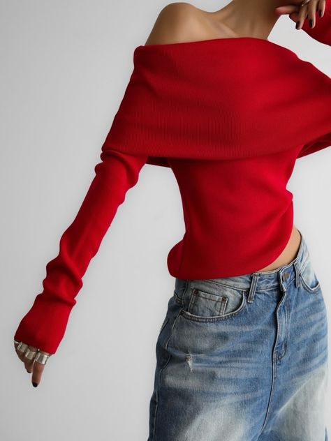 Long Vertical Line Outfit, Red Off Shoulder Top Outfits, Fitted Off-shoulder Winter Tops, Red Clothes Casual, Sweater Tied Around Shoulders Outfit, Off The Shoulder Red Sweater, Fitted Off-shoulder Knit Top, Fall Season Red Off-shoulder Tops, Off Shoulder Top Outfit