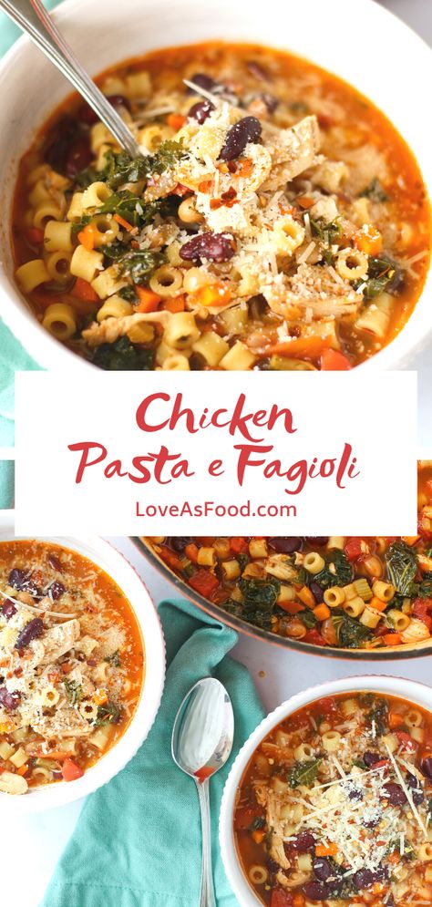 There may be 297 days in January, but it's also soup season! Chicken pasta e fagioli makes the worst part of the year a little better. |Love As Food| #pastaefagioli #soupseason #soup #chickensoup Pasta Fagioli With Chicken, Chicken Pasta Fagioli Soup, Braised Beef Stew, Pasta Fagioli Recipe, Pasta Fagioli Soup, Crockpot Soups, Pasta E Fagioli Soup, Season Chicken, Fagioli Soup