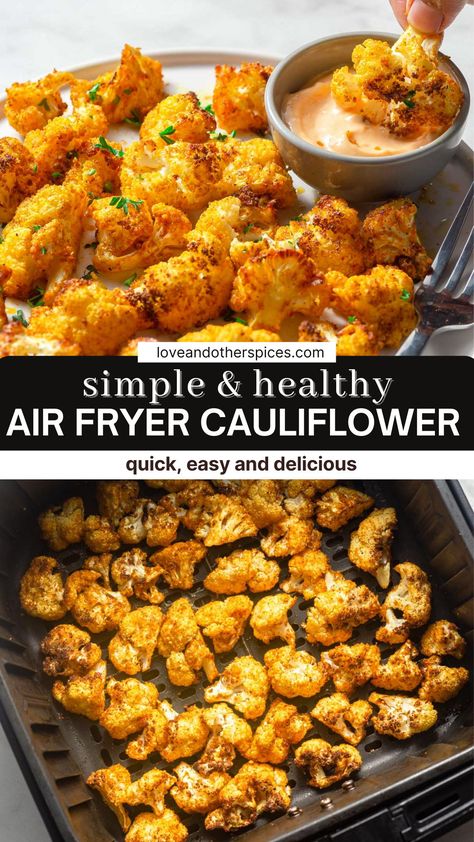 This crispy Air fryer cauliflower recipe with no breading is easy and quick to make. Served with a dipping sauce it's so delicious you'll be going for seconds! Cauliflower Fries Air Fryer, Keto Air Fryer Cauliflower Recipes, Veg In Air Fryer, Cauliflower In Air Frier, Crispy Califlour, Air Fry Coliflower Recipes, Cauliflower Air Fyer, Califlower Recipes Airfryer, Easy Healthy Airfryer Recipe