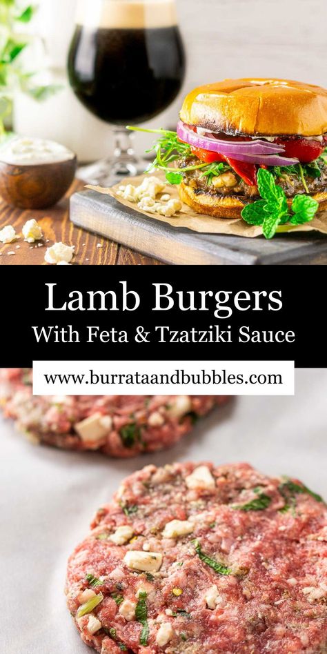 Minted lamb burgers make for a fresh twist on a summer grilling classic! Served with a cooling tzatziki sauce and your favorite toppings, these perfectly seasoned lamb burgers are stuffed with fresh mint and feta that give every bite a burst of flavor, and they come together in under 30 minutes. These Mediterranean-inspired lamb burgers will be your new go-to recipe for all your summer parties. Lamb Feta Burgers, Lamb And Feta Burgers, Lamb Burger Recipe Easy, Lamb Smash Burger, Lamb Burgers Recipe, Ground Lamb Burger Recipes, Lamb Burgers With Tzatziki, Lamb Burgers Patties, Mediterranean Burgers