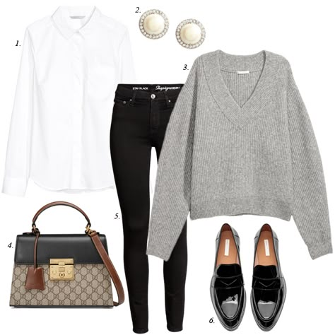 casual work outfit, grey sweater, black skinny jeans, loafers, women, fashion, how to wear, style, personal shopper How To Wear Loafers Women, Prep Outfits, Loafers For Women Outfit, How To Wear Loafers, Grey Sweater Outfit, Black Pants Outfit, Life Challenge, Fantastic Fashion, Casual Work Outfits Women