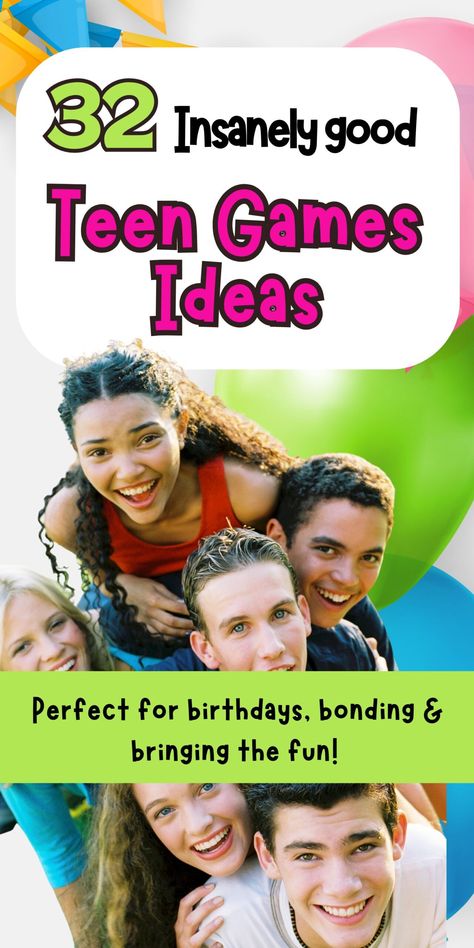 Discover these 32 fun and exciting teen games ideas to play at a teenager's birthday party and to bond with friends. These are the high energy group party games that are brilliant entertainment if you are hosting an event and need reliable party games that teens love to play. Hosting occasion, party planning, party games for teens, indoor games, outdoor games, ice-breaker games, exciting game ideas to make sure the party is unforgettable and an amazing experience for your teen son or daughter Fun Games To Play At A Sweet 16, Party Games For All Ages Indoor, Party Games All Ages, 16th Birthday Games Activities, Fun Things To Do At A Sweet 16 Party, Fun Teenage Birthday Party Ideas, Sweet 16 Game Ideas Activities, Games To Play At A Sweet 16 Party, Teen Bday Party Games