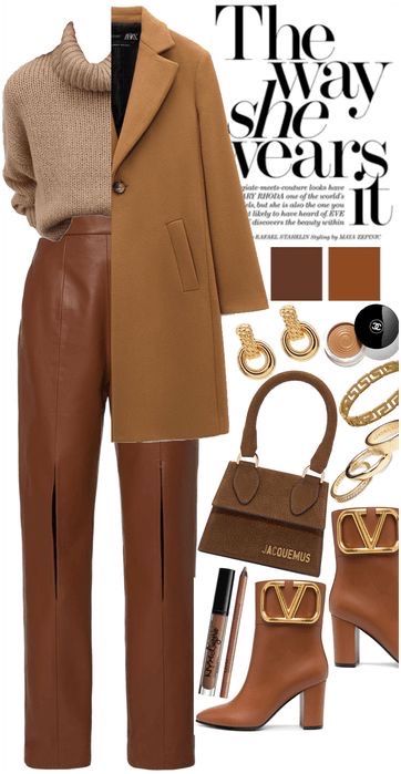 How To Have Style, Brown Leather Pants, Monochrome Outfit, Camel Coat, Brown Pants, Looks Chic, Work Outfits Women, 가을 패션, Business Casual Outfits