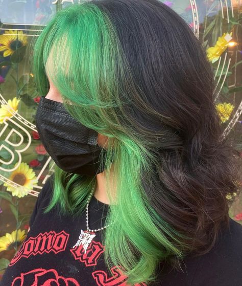 A picture of a hairstyle with green bangs and under dye with a dark brunette top. Green Hair Aesthetic Grunge, Cute Green Hair Ideas, Hair Split Color Ideas, Hair Colour Ideas Green, Black N Green Hair, Black Hair With Green Front Pieces, Green Hair Colour Ideas, Short Hair With Green Underneath, Dark Green To Light Green Hair