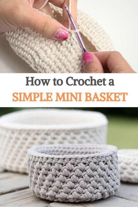 Mini Crochet Basket Pattern, Crochet Bowls And Baskets Free Pattern, Crochet Small Bowl, Coaster Basket Crochet, Crochet Basket Beginner, Small Crochet Basket Free Pattern, Small Crochet Basket Pattern, Mini Basket Crochet Free Pattern, Crochet Mini Baskets