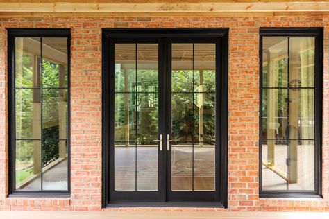 French Door Back Door, Two Sets Of French Doors To Patio, Black Framed French Doors, Windows With Black Grids, Narrow Double Doors Entrance, Black Glass French Doors, Dining Room French Doors To Outside, French Doors And Windows, Patio French Door Ideas