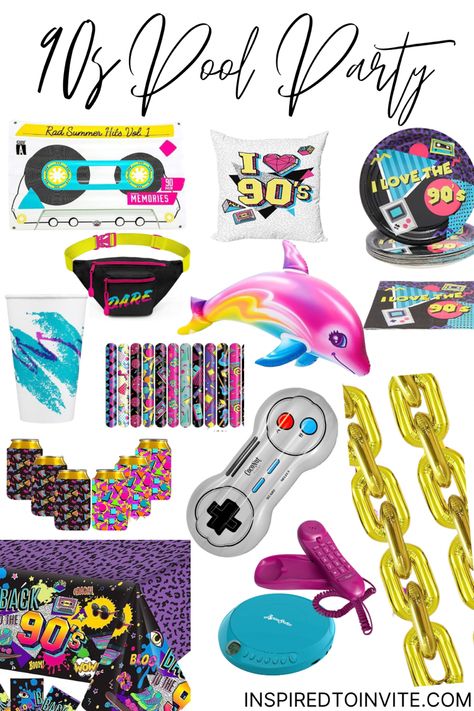 Get these items so you have a RAD 90’s pool party! #90spoolparty #poolpartyideas #summerparty #summerpartyideas #summerpoolpartyideas 90s Theme Pool Party Outfit, 90s Pool Party Aesthetic, 80s Pool Party Theme, 90s Pool Party Theme, 90s Summer Party, 2000s Pool Party, 90s Pool Party Outfit, 90s Bachelorette Party Outfit, 80s Pool Party