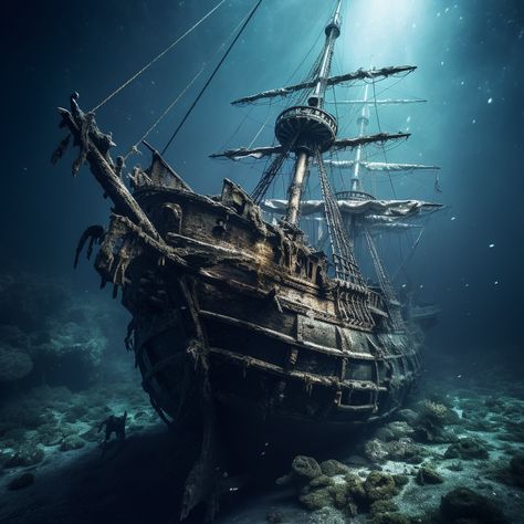 I am creating for you now on Fiverr and for my own NFT Collection on Open Sea. Ship Wreck Drawings, Boat Underwater View, Ship Wreck Aesthetic, Ship Wreck Tattoo, Shipwreck Painting, Underwater Sleeve, Pirate Sleeve, Deep Sea Diver Art, Underwater Drawing