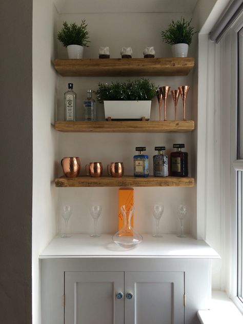 My dining room alcove drinks corner #woodenshelves #copper Alcove In Kitchen, Dining Room Drinks Area, Alcove Shelves Kitchen, Alcove Ideas Kitchen, Dining Room With Alcoves, Alcove Shelving Dining Room, Drinks Corner Kitchen, Alcove Bar Ideas Living Room, Alcove Storage Dining Room