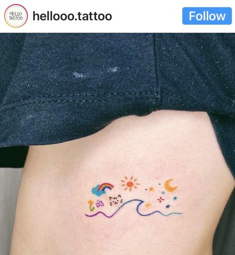 Minimalist Tattoo Colorful, Small Colourful Tattoos For Women, Minimalist Colored Tattoo Women, Minimalist Tattoo Colored, Tattoo Minimal Color, Coloured Tattoos For Women, Colorful Small Tattoos, Small Colorful Tattoos For Women, Small Colorful Tattoos